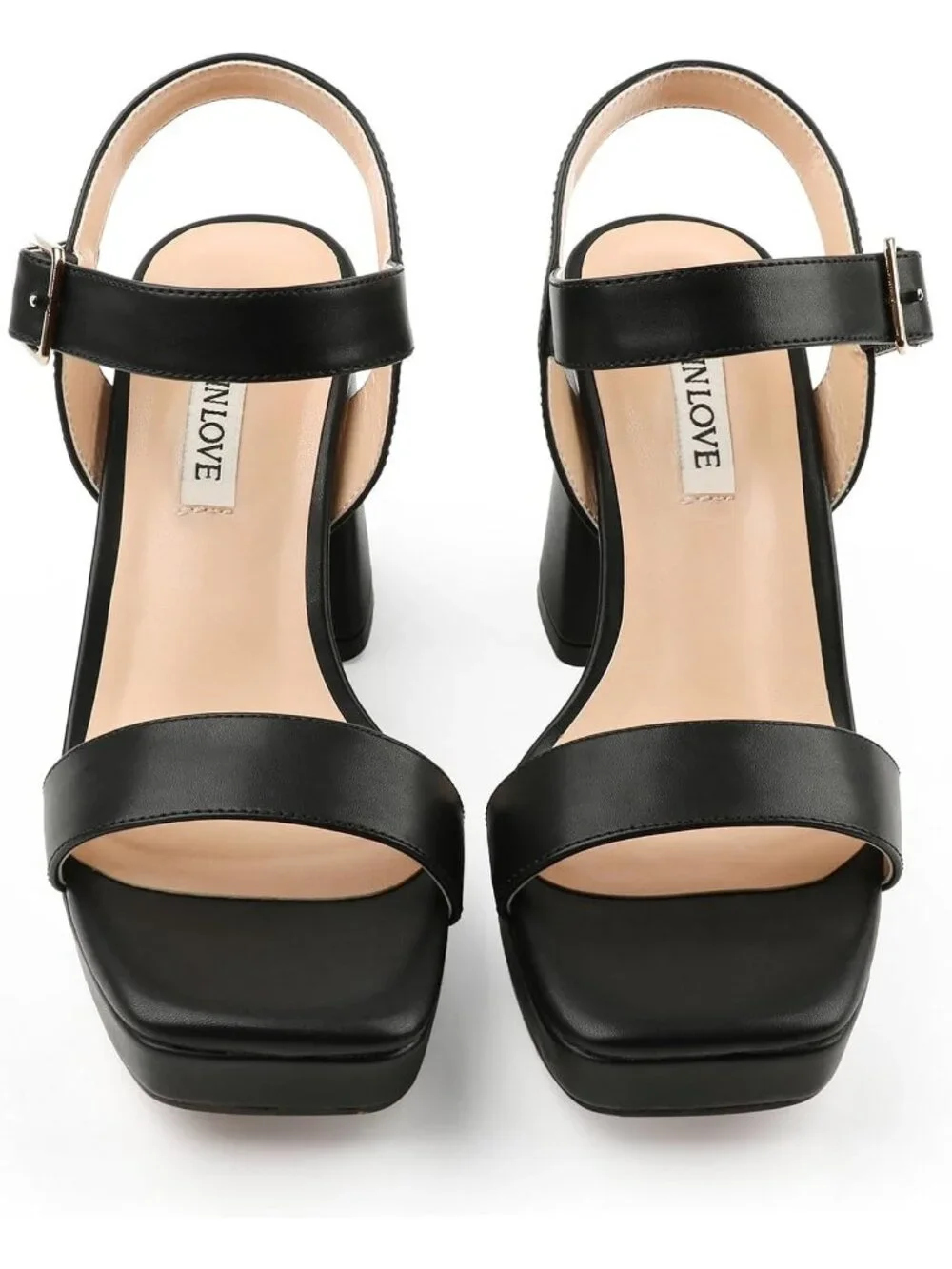 Women's Black Square Open Toe Adjustable Ankle Strap Chunky Block Heel Sandals